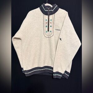 River Edge Canada  XL Men's Cream and Gray Fleece Quater Zip stitched dec trim